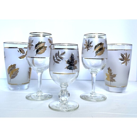 Vintage Libbey Golden Foliage Frosted Glassware – Set of 5 – 1950s Mid-Century B - Picture 1 of 16